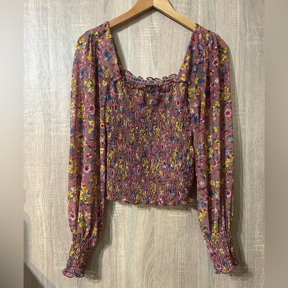 Lulus “Watch Me Bloom” Mauve Floral Mesh Smocked Long Sleeve Top Size Small
